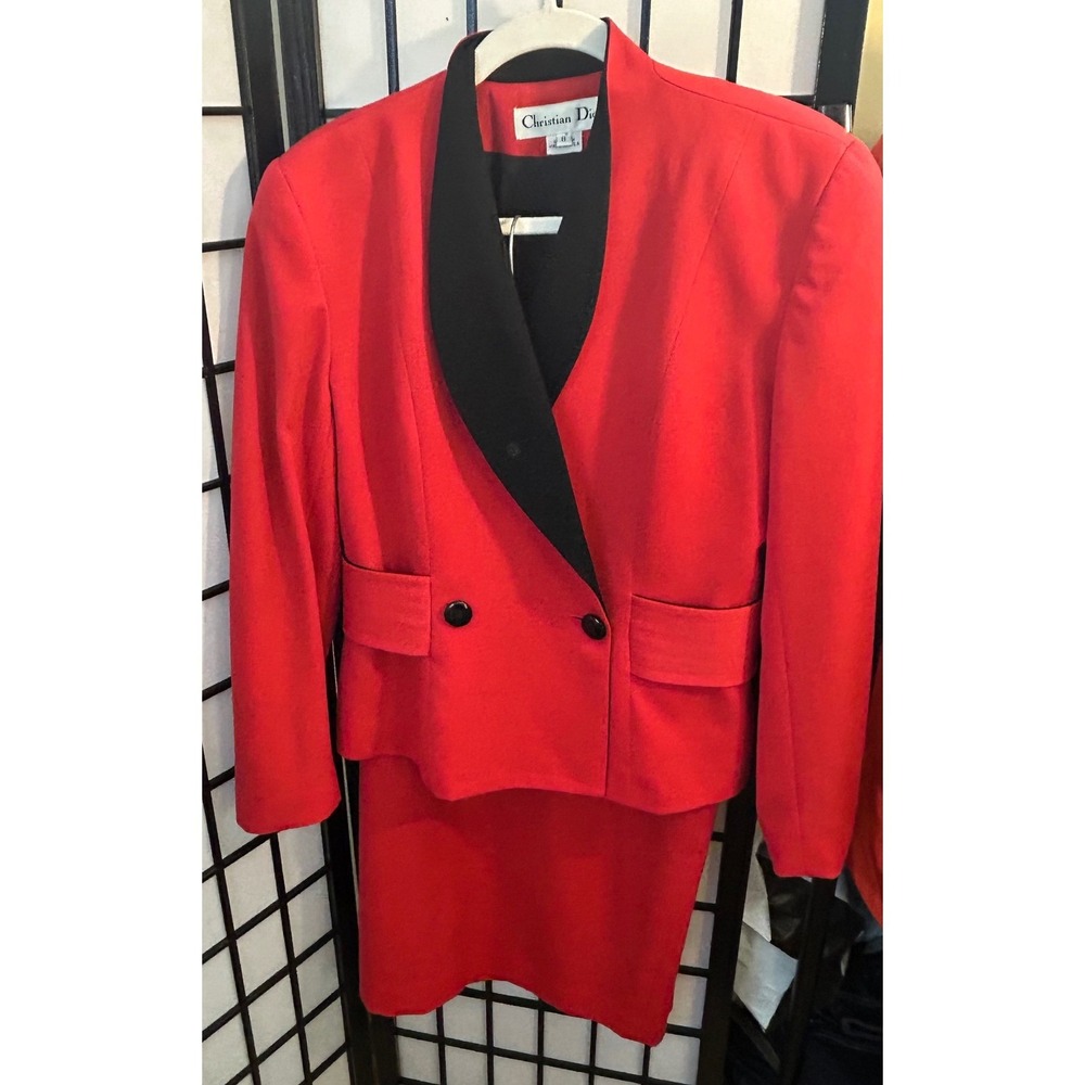 Christian Dior Red Black Shawl Collar Double Breasted Skirt Suit Set Size 8